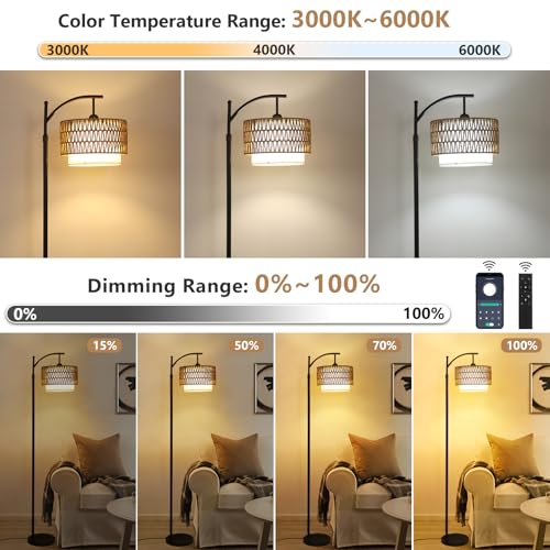 Arc Floor Lamp for Living Room with 3 Color Temperatures, Farmhouse Floor Lamps with Remote & Dimmable Bulb, Boho Standing...