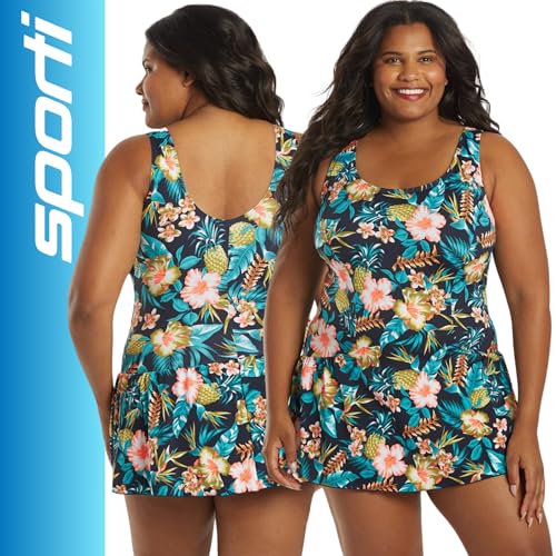 Sporti Plus Size Swim Dress for Women Swimsuit, Tummy Control Suit, Mom Bathing Suit Dress Sun Protection, Conservative Fit