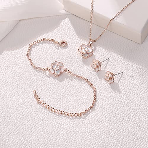 EleQueen Rose Flower Necklace Earrings Bracelet Set 14K Gold Plated Hypoallergenic Jewelry Sets Gift for Women