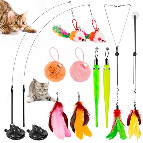 HOSFROLL Cat Toys, 2 Pack 3 in 1 Interactive Cat Toy for Indoor Cats with Sticky Super Suction Cup Detachable 10 Pcs Repla...