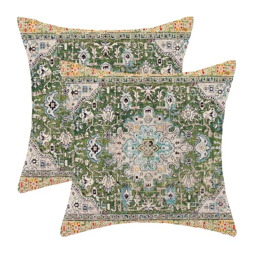 AEIOAE Boho Pillow Covers 20x20 Inch Set of 2,Carpet Pattern Throw Pillows Case,Sage Green Yellow Ethnic Design Outdoor De...