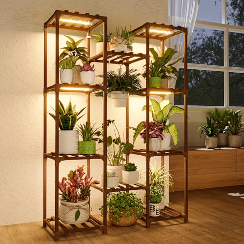 Bamworld Plant Stand with Grow Light Plant Shelf for Mutiple Pots Large Plant Holder for Living Room Patio Boho Home Decor...