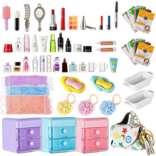 72Pcs Dollhouse Mini Jewelry Storage Case Handbag Towel Cosmetic Set Bathroom Acessories Toothbrush Shampoo Perfume Hair D...