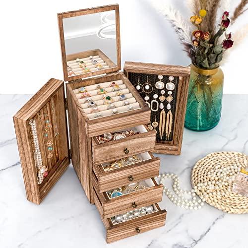 Meangood Jewelry Box Wood for Women, 5-Layer Large Organizer Box with Mirror & 4 Drawers for Rings, Earrings, Necklaces, V...
