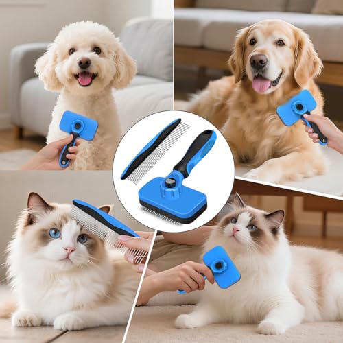 2PCS Self Cleaning Slicker Brush & Dog Comb - Skin Friendly Deshedding Grooming Tool for Dogs, Cats and Small Animals, Pro...