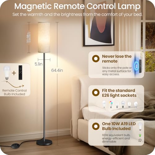 64.4” Dimmable Floor Lamp for Living Room with Remote and Foot Switch, Modern Standing Tall Lamp, Corner Floor Lamp for Be...