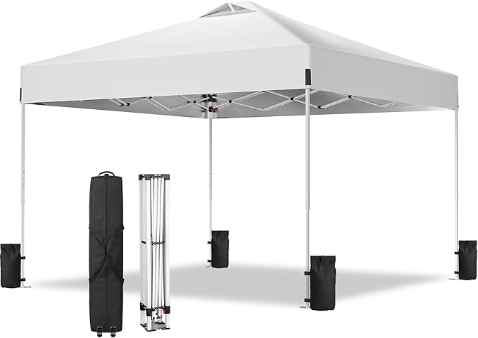 10x10ft Pop Up Canopy, Heavy Duty Beach Tent with Waterproof Silver Coated Top, 3 Heights & 4 Sandbags, Sun Shade with Rol...