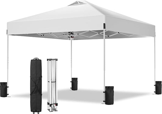 10x10ft Pop Up Canopy, Heavy Duty Beach Tent with Waterproof Silver Coated Top, 3 Heights & 4 Sandbags, Sun Shade with Rol...