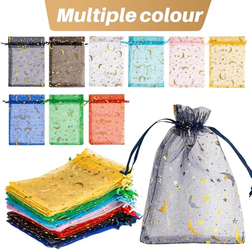 Sukh 100pcs Organza Bags - 4"X6" Moon Star Small Gift Bags Bulk Party Favor Mesh Drawstring Goodie Wrap Pouch Candy Jewelr...