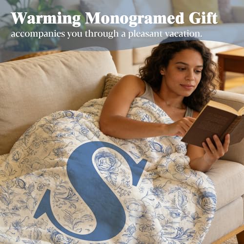 ShowDraven Throw Blanket Custom Initial Letter S Personalized Monogrammed Gifts for Women Teen Girls Frends, Boho Cute Blu...