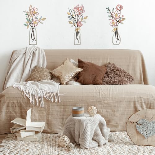 ARTINME 3 Pieces Metal Flowers Wall Arts - Pink and Beige Rustic Farmhouse Decor Minimalist Flower Wall Decors for Living ...