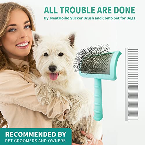 Neathoiho Large Slicker Brush & Green-comb Value Kit, Extra Long Pin Dog Grooming Brush for Curly Hair Goldendoodles, Remo...