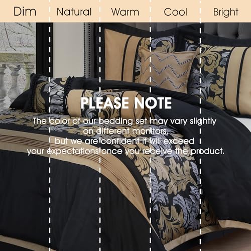LANCO MODERN LIFESTYLE Black Gold Queen Comforter Set, 7 Piece, Gorgeous Floral Jacquard with Piecework, Soft for All Seas...