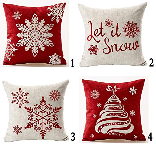 Andreannie Set of 4 Throw Pillow Cover Christmas Beige Shadow Let It Snow Snowflakes Red Cotton Linen Throw Pillow Case Cu...