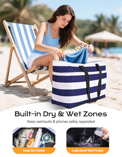 Vewaci Beach Bag with Detachable Cooler, 54L Large Beach Bags Waterproof Sandproof for Women, Travel Tote Bag, Gifts for Mom