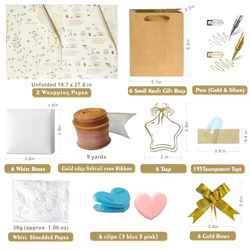SOHOMEG DIY Gift 6-Set Packaging kit-Includes:Kraft Paper Bag,Metal Pen,Wrapping Paper,Box,tag,Pull Bow,Ribbon,Tape,Clip,S...