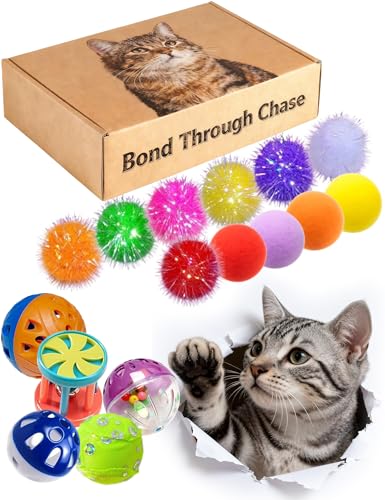 HEUHAI 25 Cat Toys Balls Set Indoor Kitten Safe Colorful Plush & Bell Balls for Play Chase Hunt Interactive Entertainment...