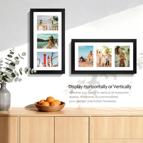 Golden State Art, 9x18 Black Wood Frame - White Mat for Three 5x7 Pictures - Sawtooth Hangers- Swivel Tabs - Wall Mounting...