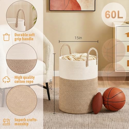 Artfeel Laundry Basket,Woven Cotton Rope Laundry Hamper,60L for Decor Storage of Dirty Clothes,Toys and Blankets in Bathro...