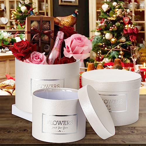 GnFlus White Gift Box Round Gift Boxes with Lids Set of 3 Nesting Gift Boxes for Presents Assorted Sizes Flower Boxes for ...