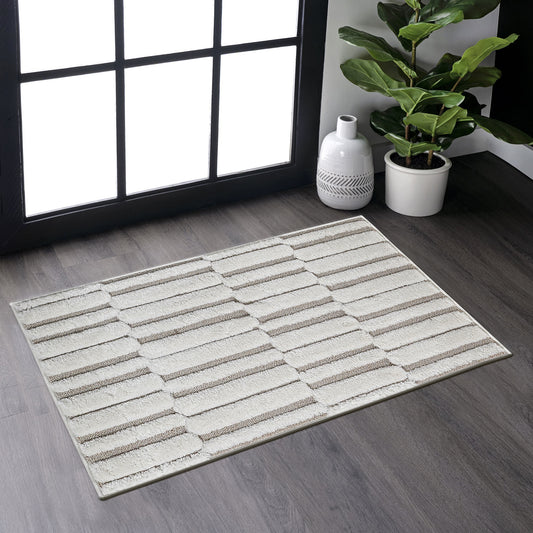 Step Collection High-Low Striped Beige Cream Indoor Area Rug, 2'x3', Modern, Contemporary, Geometric, Bohemian, Bedroom, Kitchen, Living Room, Doormat, Non Shedding Carpet