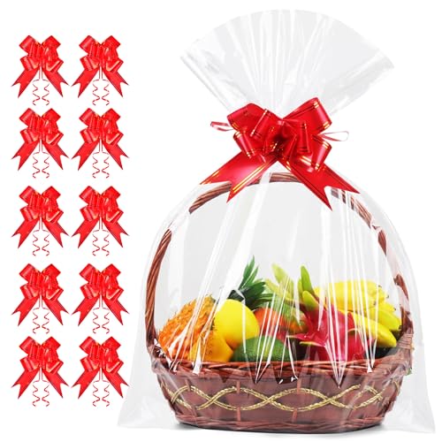 JOYIT 10PCS Extra Large Cellophane Wrap for Gift Baskets, 30x40 Inch Clear Cellophane Bags with 10 Red Bows, 3 Mil Thicker...