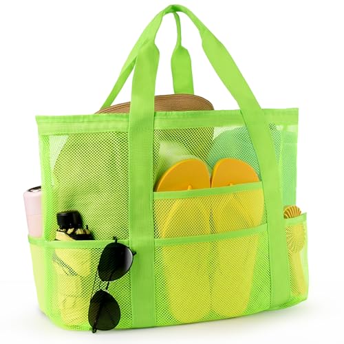 CaCTOUR Mesh Beach Bag,Large Beach Bags for Women with 8 Pockets,Packable Tote Bag for Beach Cruise Pool Vacation Essentials