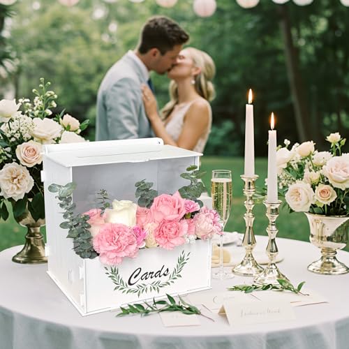 OurWarm Wooden Wedding Card Box with Acrylic Board & Flower Trough, White Gift Card Box for Wedding, Envelope Boxes for Gi...