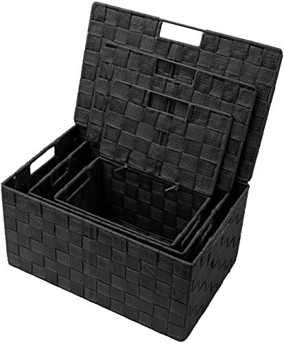 Sorbus Set of 3 Black Woven Storage Baskets with Lids – Mesh Hand-Woven Bins for Closet, Shelf, and Linen Organization – V...
