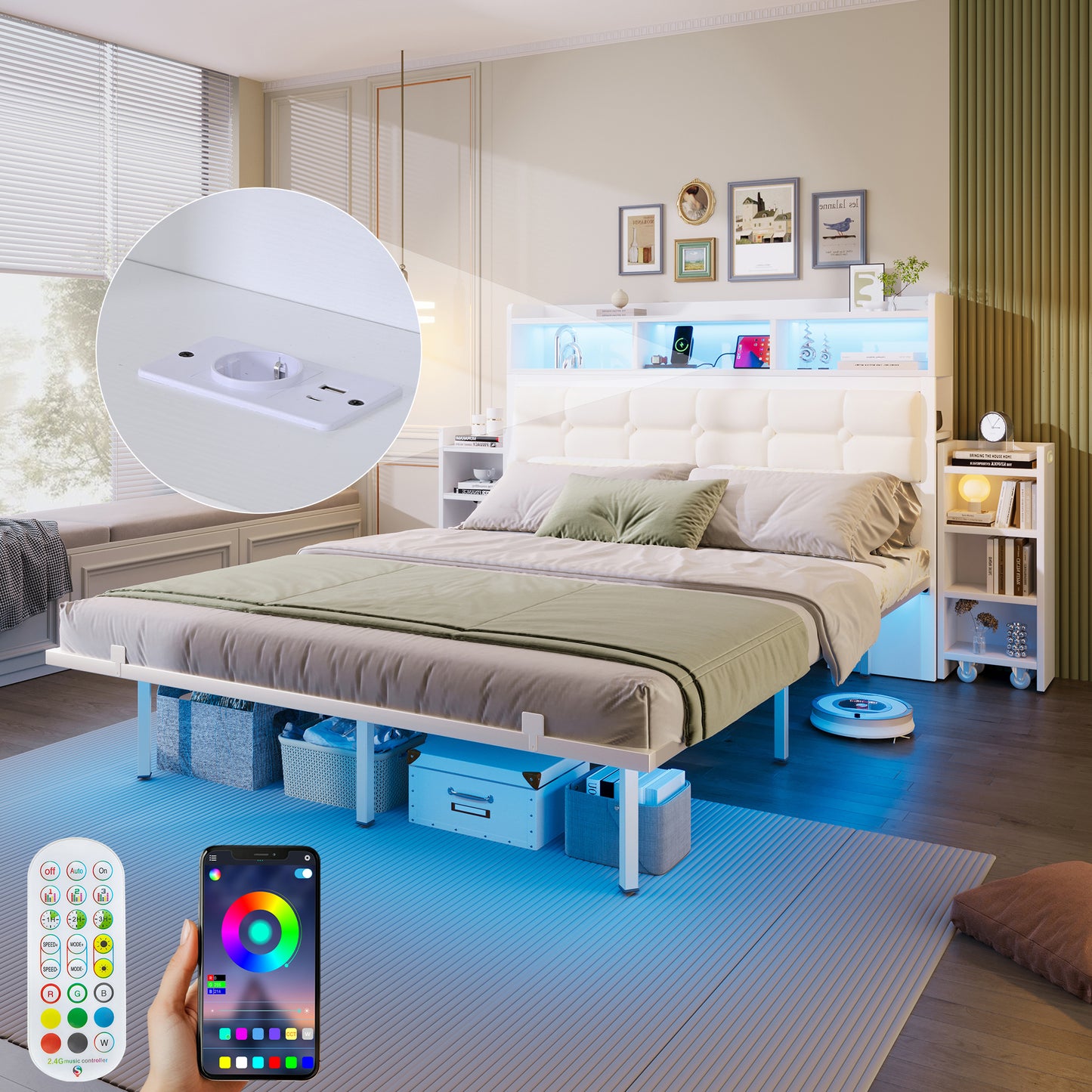 Double Bed 140x190 CM With Slatted Base And Headboard, With 2 Extendable Bedside Tables, With Storage Compartments, With Mobile Phone Charging Function  TYPE C Interface And USB , With LED, White