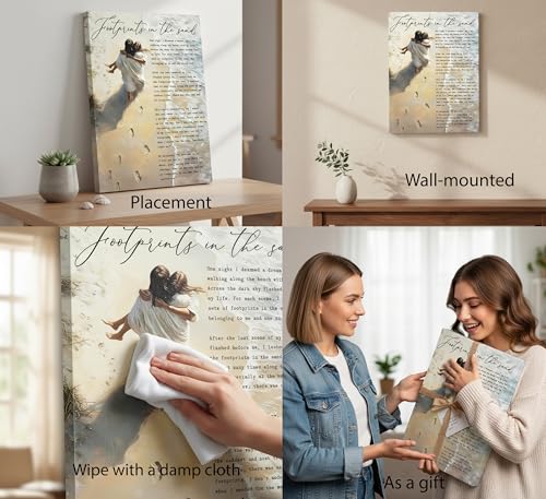 Footprints in the Sand Canvas Wall Art Chrisitan Inspirational Painting Picture Jesus Hugging Woman on Beach Poster Prints...