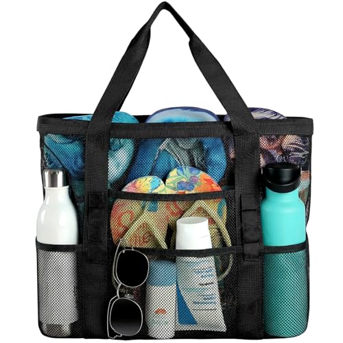 Ymomode Beach Bag - Mesh Beach Bag Large 8 Pockets, Beach Tote Bag Beach Essentials for Vacation Must Haves