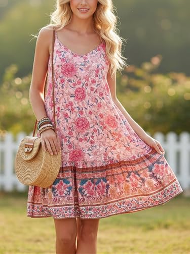 Watoriwa Women's Boho Print Dresses - V-Neck,Loose Sleeveless, Spaghetti Strap Mini Sundress & Coverup for Summer