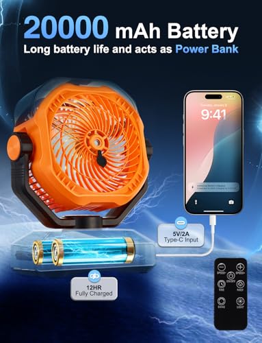 Vellrive Portable Misting Fan - 20000mAh Rechargeable Water Fan for Patios, Camping, Outdoor - 90° Auto Oscillation + 270°...