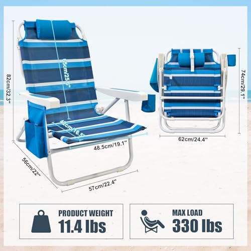 WTVIDAS Beach Chair 2 Pack, 5 Positions Textilene Folding Reclining Beach Chair with Backpack Straps, Cooler Bag & Cup Hol...