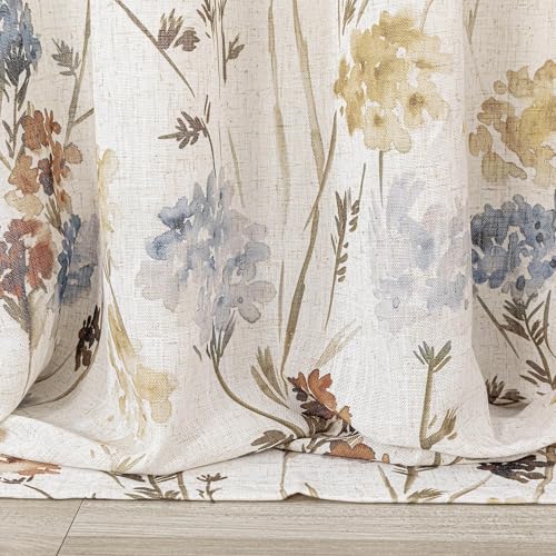 MYSKY HOME Floral Linen Curtains 84 inch Length 2 Panels Set Spring Flower Patterned Semi Sheer Light Filtering Privacy Fa...