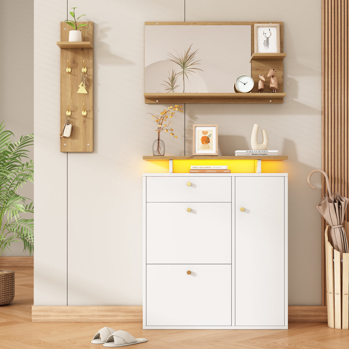 Hallway Coat Rack Set, 3-piece With Mirror, Hat Shelf And Shoe Cabinet Coat Rack With LED Lighting, 4 Coat Hooks, In Natural And White, Dimensions 105 X 25 X 151.5 Cm