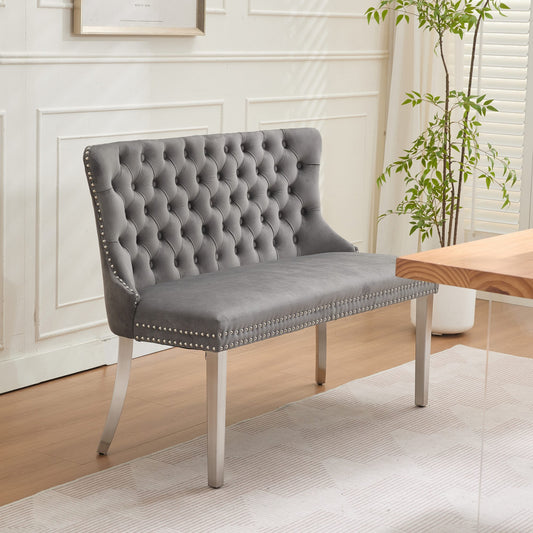 Velvet Double Dining Loveseat Bench, Kitchen & Dining Seating, 2-Seat Tufted Bench W Handmade Buttons, Wing Back, Brushed Silver Stainless Steel Legs, Mid Century Modern,Single Pack,Gray,DE1702GY