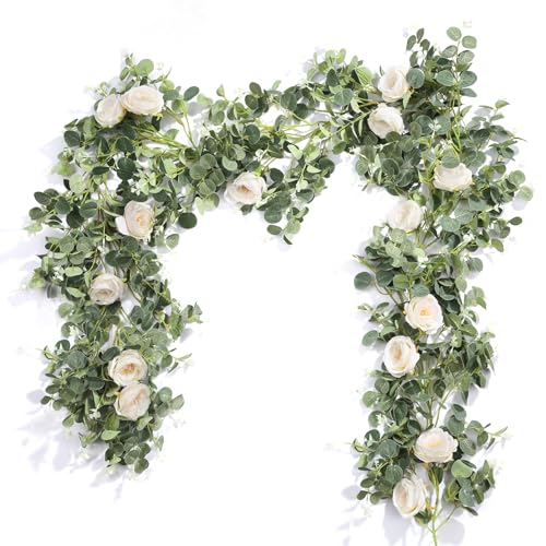 Der Rose 2 Pcs 13FT Artificial Flower Garland, White Rose & Eucalyptus Floral Garland, Faux Flower Vine for Wedding Decor ...