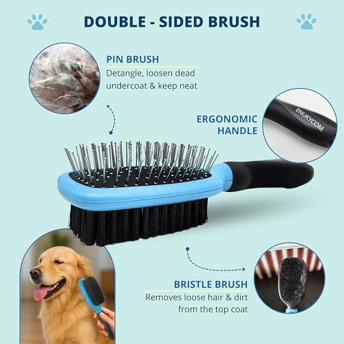 Double-Sided Pet Dog Cat Brush for Detangling Deshedding & Removing Small Mats plus Rubber Dog Bath Brush for Grooming, Sh...