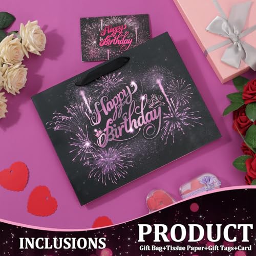 BeiLaad Pink Birthday Gift Bag with Tissue Paper and Greeting Card, 12.6“ Happy Birthday Gift Bags for Party, Fireworks De...