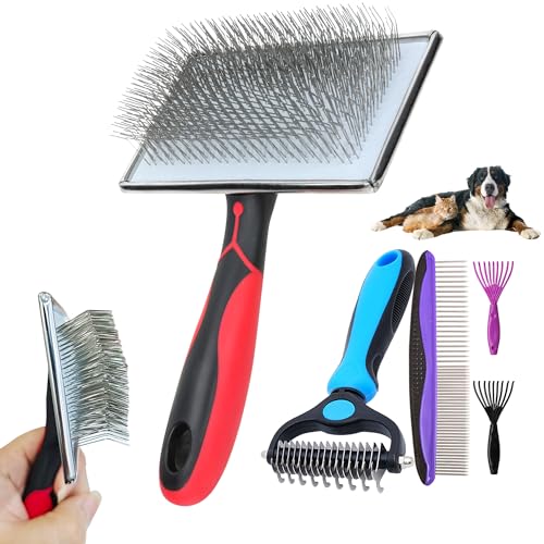 EAFBAO 5-in-1 Dog & Cat Extra Long Pin Grooming Kit Slicker Brush for Large Dogs Cats Remove Loose Fur, Undercoat Brush fo...