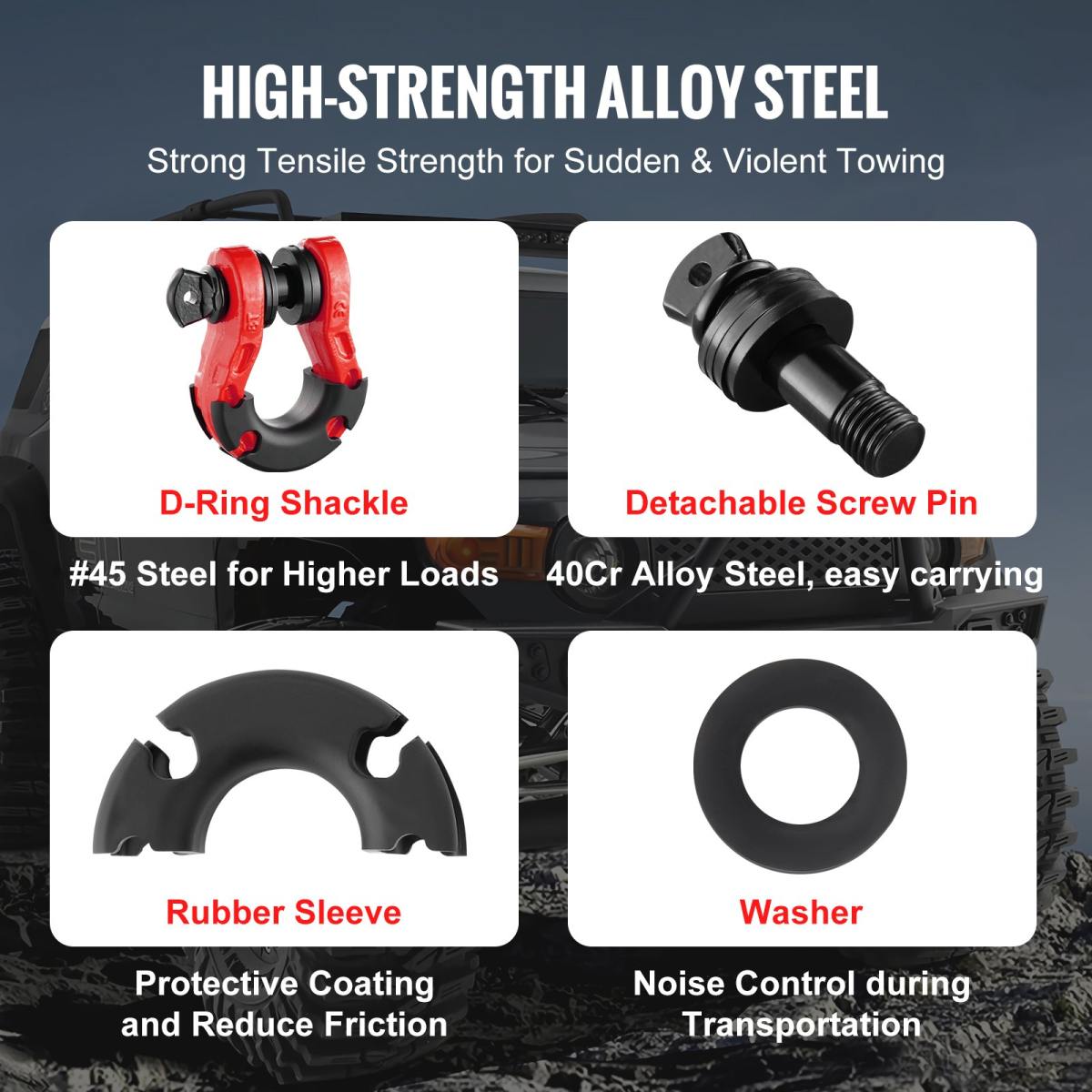 3/4" D-Ring Shackle, 2 Pack Alloy Steel Shackles 66139 Lbs (30 Ton) Break Strength With 7/8" Screw Pin, Isolators & Washers, Heavy Duty Off Road Vehicle Recovery Shackle For Jeep Truck, Red
