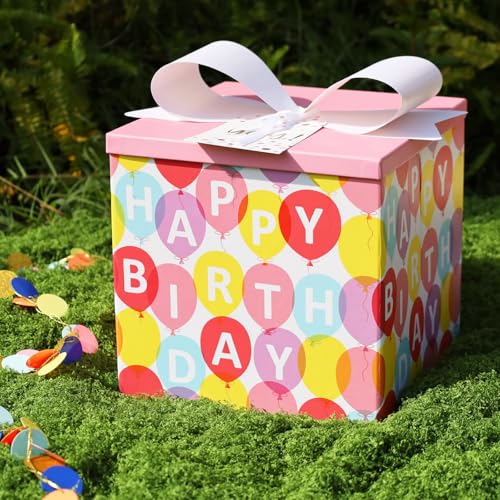 BIOBROWN Medium Birthday Gift Boxes with Lids for Presents, 9x9x9 Inches Pink Balloon Design Collapsible Gift Box for Birt...