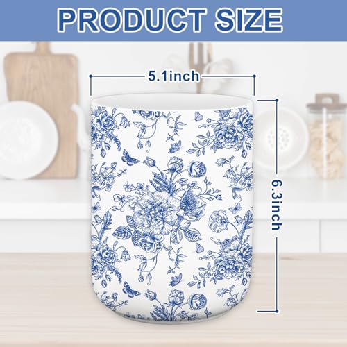 JarThenaAMCS Chinoiserie Floral Ceramic Utensil Holder Blue Flower Butterfly Utensil Crock for Home Kitchen Countertop Sto...