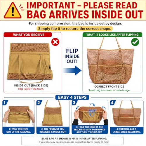 Tainehs Beach Mesh Tote Bag for Women, Large Travel & Pool Bag, Lightweight Vacation Cruise Tote (Inside Out – Flip to Use)