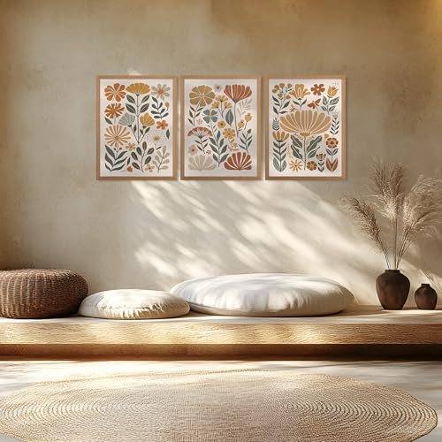 3Pcs Boho Abstract Floral Wall Art Minimalist WildFlower Wall Decor Pictures Modern Botanical Warm Earthy Tones Canvas Pos...