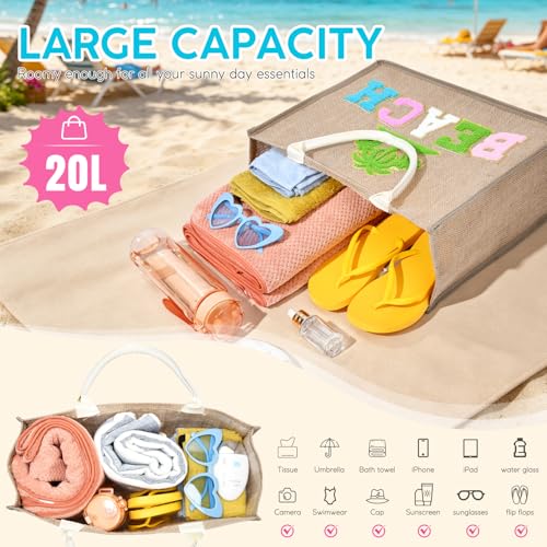 KUIRAN Beach Bag for Women Large Woven Straw Bag with Chenille Letter Patches and Water-resistant Lining, 20L Tote Handbag