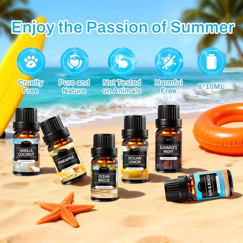 Summer Essential Oils for Diffusers for Home, 6X10ml Fragrance Oils Set, Aromatherapy Oils for Candles Making - Coconut, P...