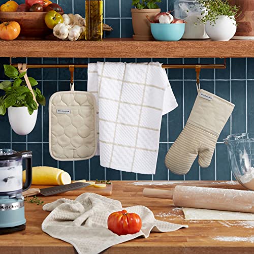 KITCHENAID Quilted Cotton Terry Cloth Oven Mitt, Pot Holder, Kitchen Towel 4-Pack Set, Heat Resistant, Silicone Grip, 16"x...